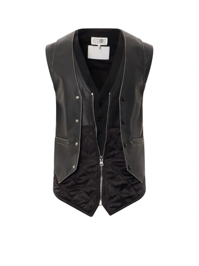 Shop Mm6 Maison Margiela Leather Vest With Wool Dobule Insert In Black