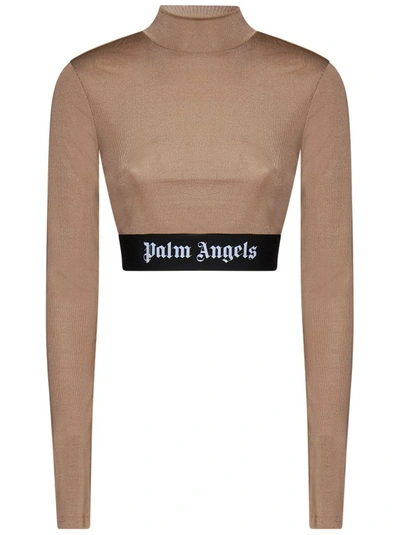 Shop Palm Angels Beige Cropped Ribbed Long Sleeve Top In Neutrals