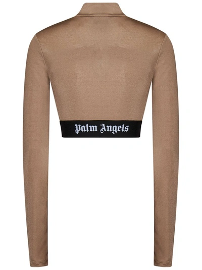 Shop Palm Angels Beige Cropped Ribbed Long Sleeve Top In Neutrals