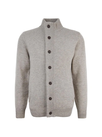 Barbour Fine Knit Wool Zip-through Sweater With High Neck And Button Closure In Grey