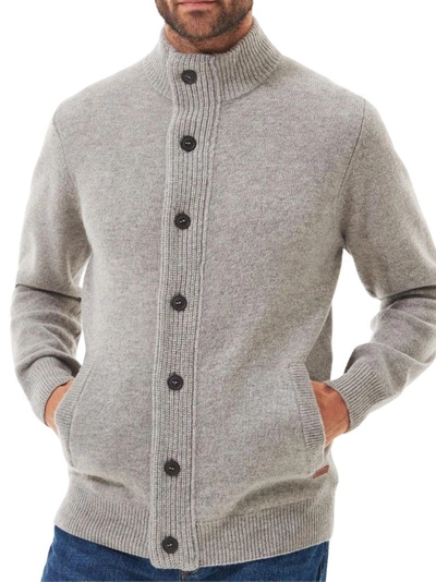 Barbour Fine Knit Wool Zip-through Sweater With High Neck And Button Closure In Grey