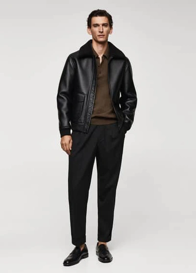 Shop Mango Man Shearling-lined Leather-effect Jacket Black
