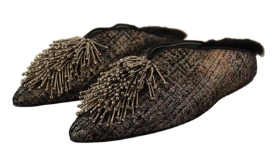 Paola D'arcano Gold Jacquard Leather Embellished Slip On Shoes In Gold
