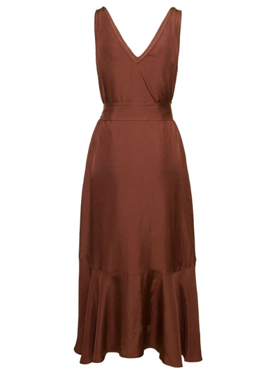 Shop Ivy & Oak 'nele' Brown Midi Dress With Belt And Flounced Skirt In Acetate Woman In Bordeaux