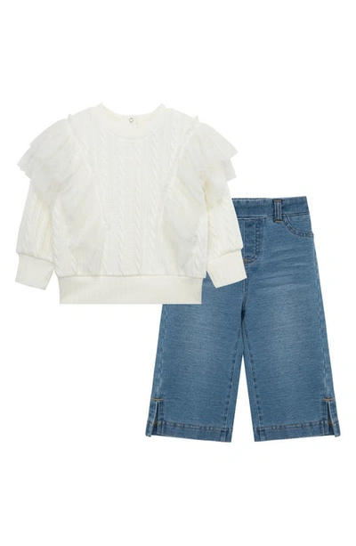 Shop Habitual Cable Knit Sweater & Jeans Set In Off-white/ Blue