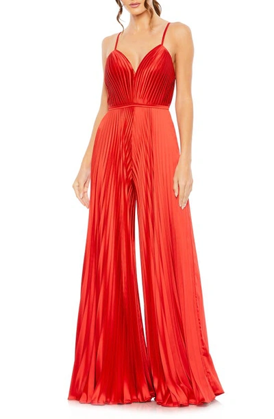 Shop Ieena For Mac Duggal Pleated Satin Wide Leg Jumpsuit In Red