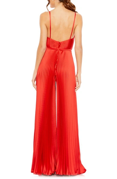Shop Ieena For Mac Duggal Pleated Satin Wide Leg Jumpsuit In Red