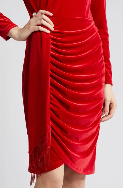 Shop Tahari Asl Beaded Drape Long Sleeve Stretch Velvet Sheath Dress In Rouge