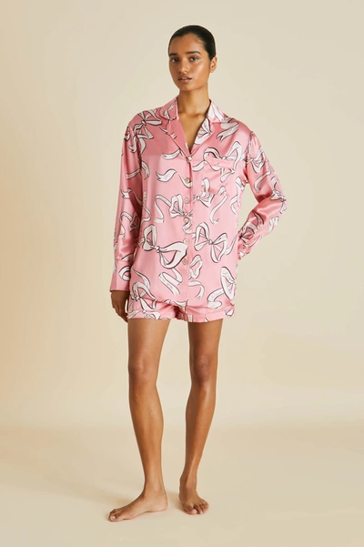 Shop Olivia Von Halle Alba Aileas Pink Bow Pyjamas In Silk Satin