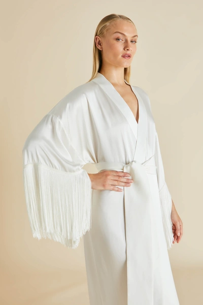 Shop Olivia Von Halle Amina Ivory Fringed Robe In Silk Satin