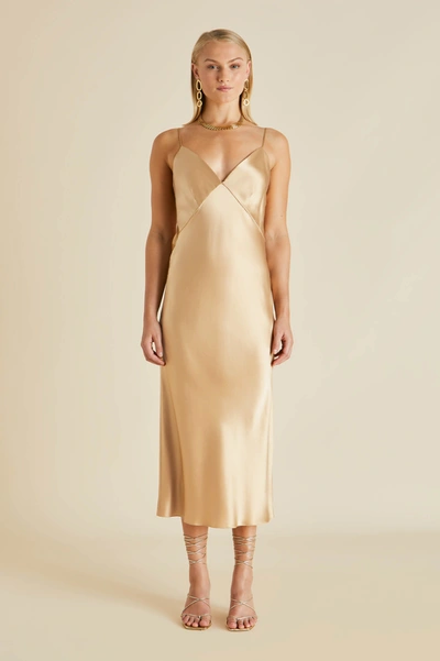 Shop Olivia Von Halle Issa Caramel Slip Dress In Silk Satin