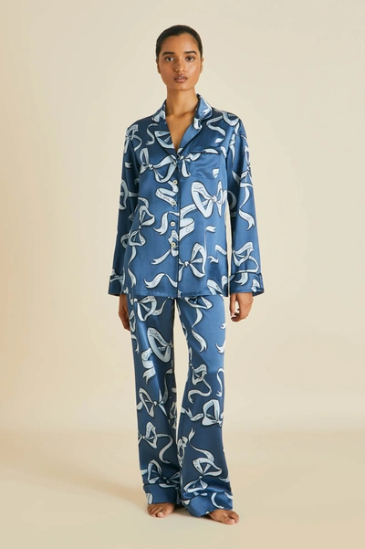 Shop Olivia Von Halle Lila Arran Blue Bow Pyjamas In Silk Satin