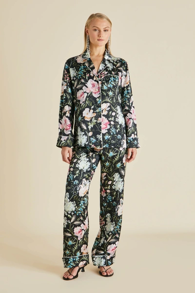Shop Olivia Von Halle Lila Esme Black Floral Pyjamas In Silk Satin