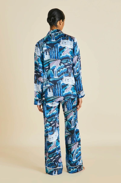 Shop Olivia Von Halle Lila Dream Blue Landscape Pyjamas In Silk Satin