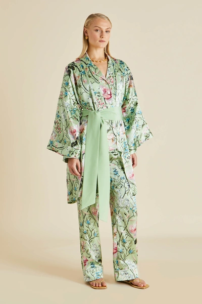 Shop Olivia Von Halle Lila Effie Green Floral Pyjamas In Silk Satin