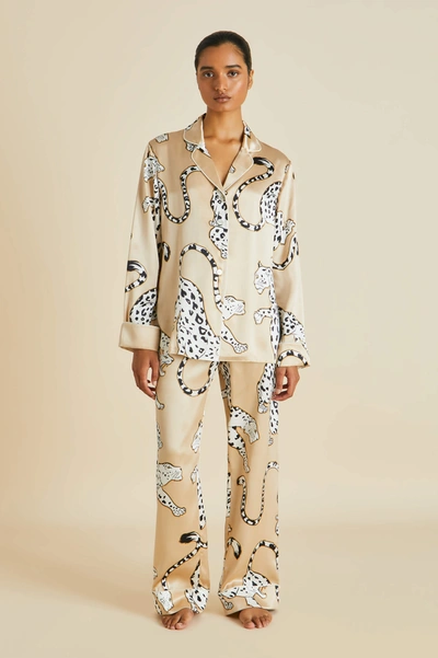 Shop Olivia Von Halle Lila Muir Beige Leopard Pyjamas In Silk Satin