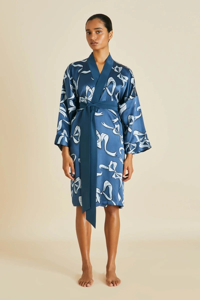 Shop Olivia Von Halle Mimi Arran Blue Bow Robe In Silk Satin