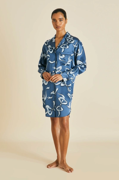 Shop Olivia Von Halle Poppy Arran Blue Bow Nightshirt In Silk Satin