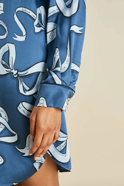 Shop Olivia Von Halle Poppy Arran Blue Bow Nightshirt In Silk Satin