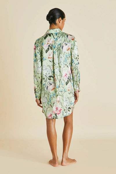 Shop Olivia Von Halle Poppy Effie Green Floral Nightshirt In Silk Satin