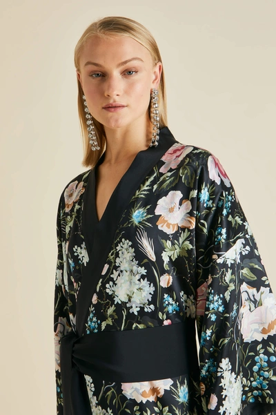 Shop Olivia Von Halle Queenie Esme Black Floral Robe In Silk Satin