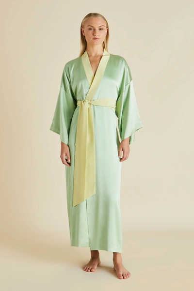 Shop Olivia Von Halle Queenie Green Robe In Silk Satin