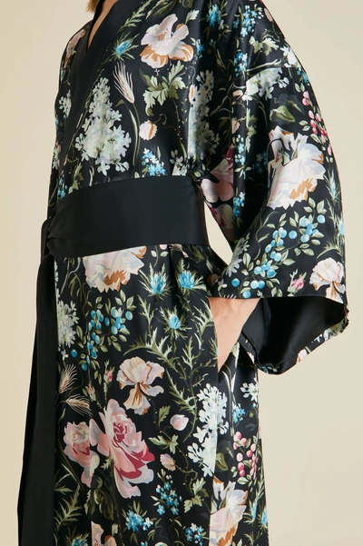 Shop Olivia Von Halle Queenie Esme Black Floral Robe In Silk Satin
