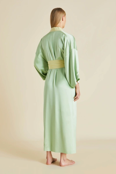 Shop Olivia Von Halle Queenie Green Robe In Silk Satin