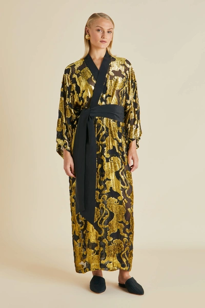 Shop Olivia Von Halle Queenie Noble Gold Lion Robe In Velvet Lurex