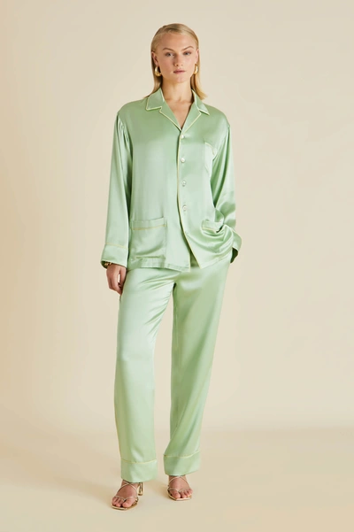 Shop Olivia Von Halle Yves Green Pyjamas In Silk Satin