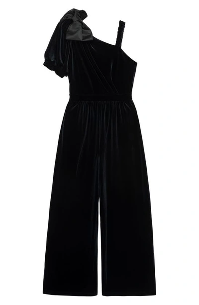 Shop Habitual Kids' Satin Bow Velour Jumpsuit In Black