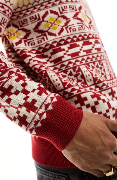 Shop Asos Design Fair Isle Crewneck Sweater In Red