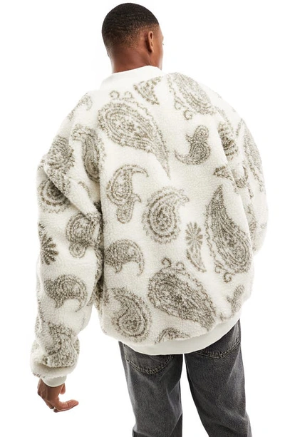 Shop Asos Design Oversize Paisley Print High Pile Fleece Jacket In Stone