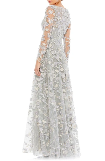Shop Mac Duggal Floral Appliqué Long Sleeve Lace A-line Gown In Platinum