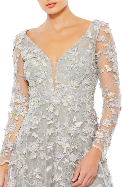 Shop Mac Duggal Floral Appliqué Long Sleeve Lace A-line Gown In Platinum