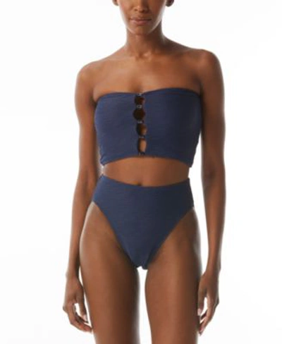 Shop Carmen Marc Valvo Womens Textured Bandeau Bikini Crop Top Bottoms In Navy
