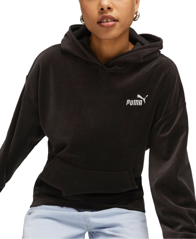 Shop Puma Women's Essential Elevated Velour Hoodie In  Black