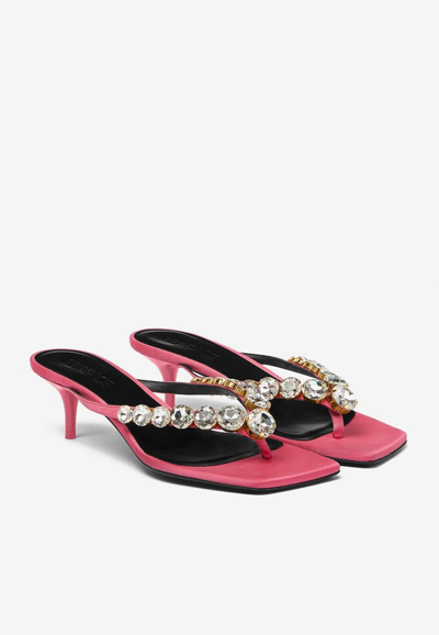 Shop Versace 50 Crystal-embellished Satin Mules In Fuchsia