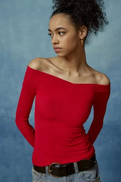 Shop Bdg Shannen Off-the-shoulder Long Sleeve Tee In Red, Women's At Urban Outfitters
