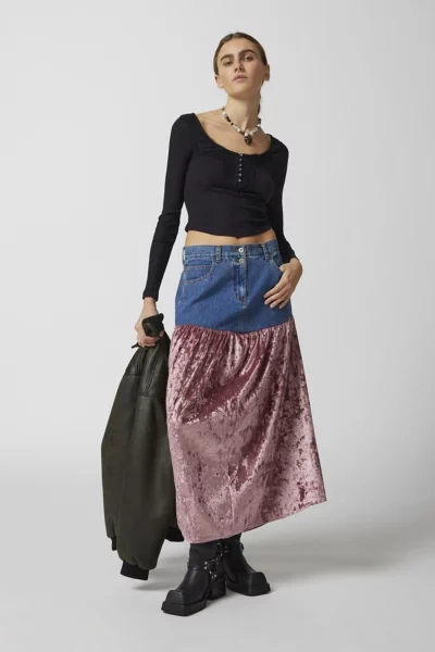 Shop Urban Renewal Parties Remade Denim & Velvet Maxi Skirt In Indigo, Women's At Urban Outfitters