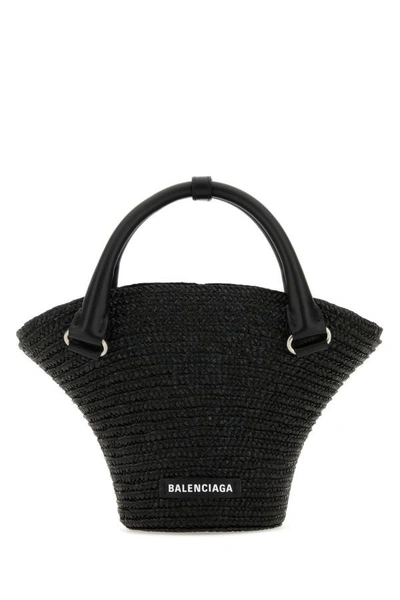 Shop Balenciaga Woman Black Straw Mini Beach Handbag