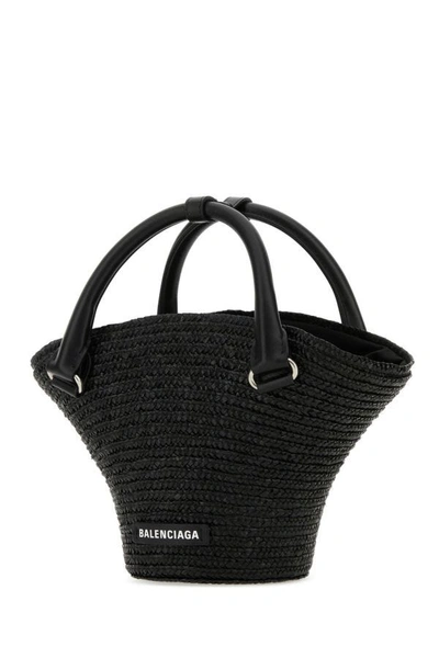 Shop Balenciaga Woman Black Straw Mini Beach Handbag