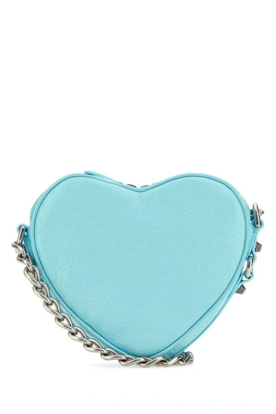 Shop Balenciaga Woman Light Blue Leather Mini Le Cagole Heart Crossbody Bag