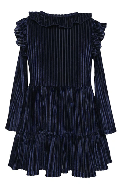 Shop Hannah Banana Kids' Shadow Stripe Long Sleeve Velour Party Dress In Navy Blue