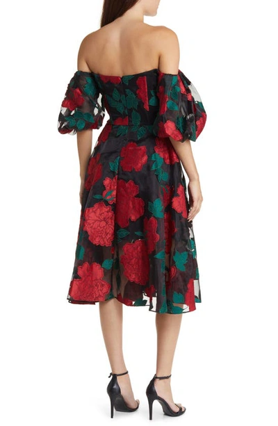 Shop Marchesa Notte Floral Puff Sleeve Off The Shoulder Dress In Black Combo