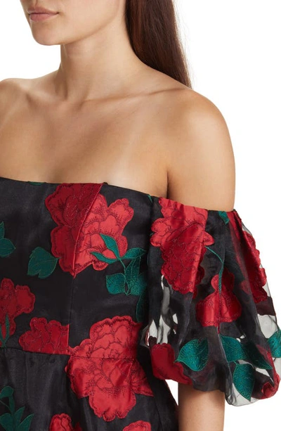 Shop Marchesa Notte Floral Puff Sleeve Off The Shoulder Dress In Black Combo