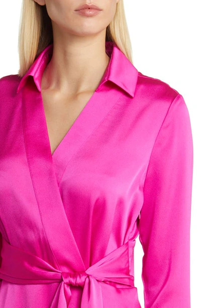 Shop Tahari Asl Long Sleeve Hammered Satin Faux Wrap Midi Shirtdress In Shocking Pink