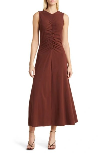 Shop Nordstrom Ruched Front Sleeveless Maxi Dress In Brown Raisin