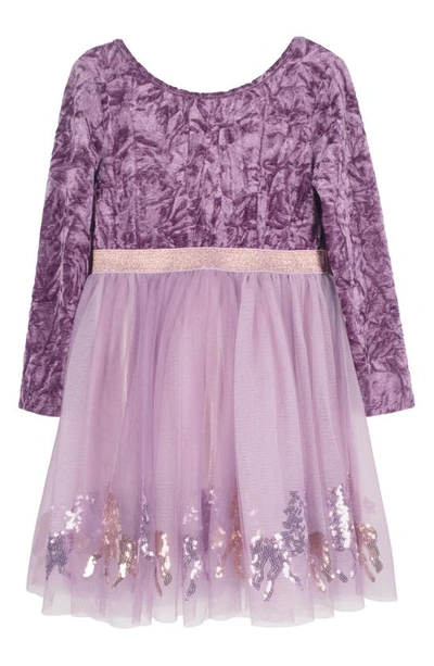 Shop Zunie Kids' Long Sleeve Crushed Velvet & Mesh Party Dress In Dusty Lilac