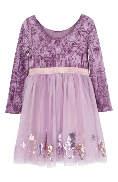 Shop Zunie Kids' Long Sleeve Crushed Velvet & Mesh Party Dress In Dusty Lilac